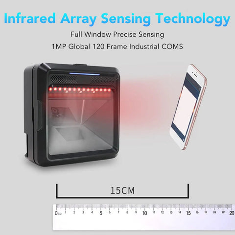 Fast Desktop Barcode Scanner With IR Sensing For Supermarkets And Retail Stores, Rugged ABS Housing, displayed next to phone and ruler.
