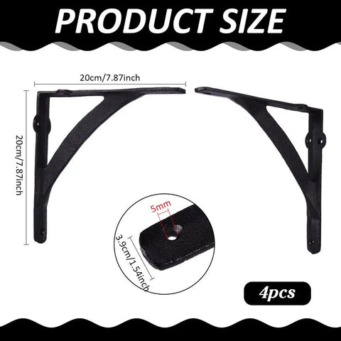 4 Pack Black Wall Mounted Shelf Brackets Beefy Iron Heavy Duty Triangular Curved Design size details, 7.9x7.9 inch