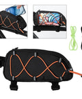 Heavy Duty Bike Phone Bag Waterproof Top Tube Frame Pouch For Road Mountain E-Bikes Big Touch Screen Window Holds 7 Inch Phones Secure Storage Wallet Tools, black nylon top tube bag with orange bungee cord and straps