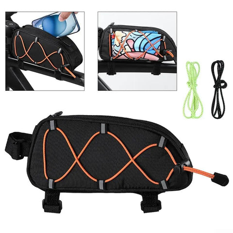 Heavy Duty Bike Phone Bag Waterproof Top Tube Frame Pouch For Road Mountain E-Bikes Big Touch Screen Window Holds 7 Inch Phones Secure Storage Wallet Tools, black nylon top tube bag with orange bungee cord and straps