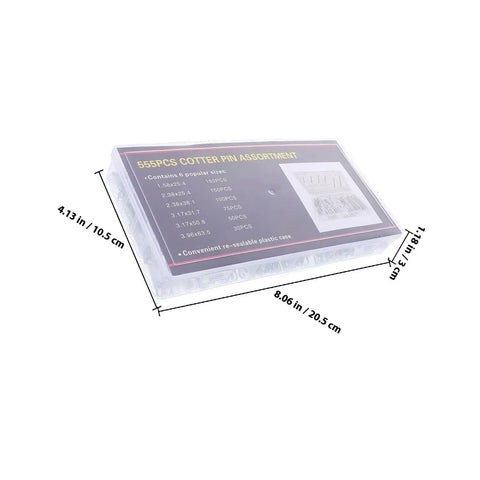 555 Piece Steel Cotter Pin Assortment Kit with labeled plastic case showing sizes and re-sealable features.