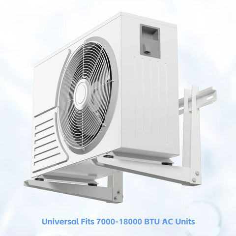 Heavy Duty Mini Split Wall Mount Bracket Built Like A Tank For 7000 To 18000 BTU AC Units mounted on wall with air fan visible.