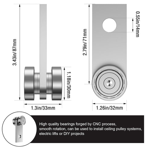 Two Wheel Trolley Assembly Rollers For One And Five Eighth Inch Wide Strut Channel In Garage Pulley System, silver finish