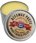 Open tin of Beeswax Paste Wood Finish And Polish Six Point Two Five Ounce Jar For Cutting Boards And All Wood Surfaces All Natural Non Toxic Hand Made In Small Batches Revives Faded Wood And Doubles As A Metal Polish Made In USA