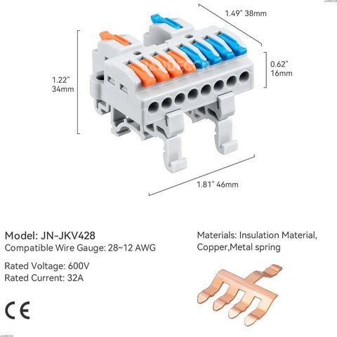 Six Pack DIN Rail Terminal Blocks For DIY Wiring Inline Circuit Splice Connectors 28 12 AWG 2 In 8 Out insulated block with dimensions
