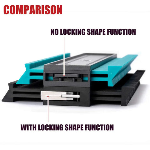 Comparison of Precision Contour Gauge For Shape Copying Fast Fix Carpentry Tiling Plumbing showing locking and non-locking features.