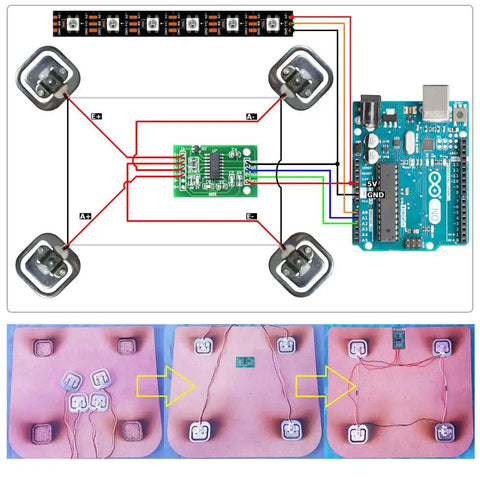 Fifty Kilogram Half Bridge Load Cell Sensor With HX711 Module For DIY Weight Scale Projects Flexible Strain Gauge For Full Bridge And Two Sensor Setups External Resistor Options Easy Calibration Precise Readings wiring diagram with Arduino and four load cells