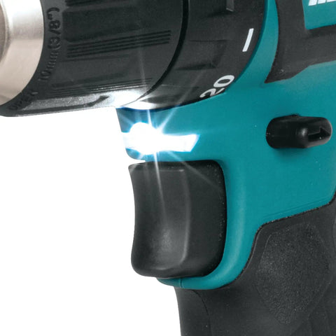 Close-up of the Badass 12v Max Lithium Ion Cxt Brushless Drill Driver showing keyless chuck and LED lamp.