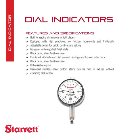 Miniature Dial Indicator With Jewel Bearings, Lug-On-Center Back, White Face, 0 To 0.100 Inch Range, 0-20-0 Balanced Dial