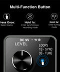 Control panel of Three Loop Guitar Looper Pedal With 18 Minute Recording Time, Sync And Tuner Features, And 9 Volt 0.6 Amp Power Supply.
