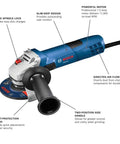 Illustration showing features of a Powerful 7.5 Amp 11000 RPM Four And One Half Inch Angle Grinder with slim grip and side handle