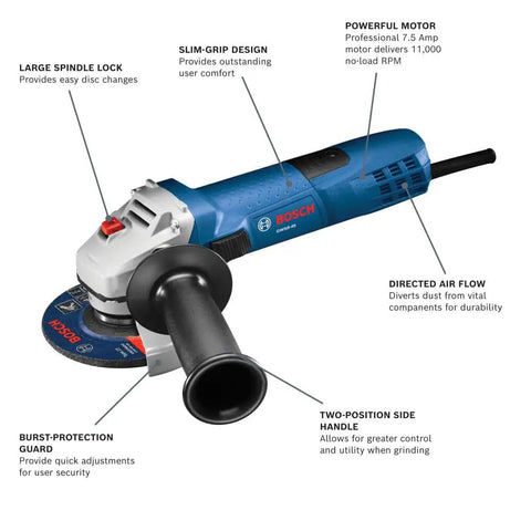 Illustration showing features of a Powerful 7.5 Amp 11000 RPM Four And One Half Inch Angle Grinder with slim grip and side handle