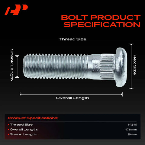5 Pieces M12 1.50 Wheel Studs For Honda And Acura Cars Including CR V Civic Accord Pilot Odyssey HR V Crosstour RDX TLX TSX NSX Legend RL CL Isuzu Oasis Beef Up Your Ride With DIY Wheel Upgrades And Everyday Street Ready Rides shown in bolt specification with dimensions.