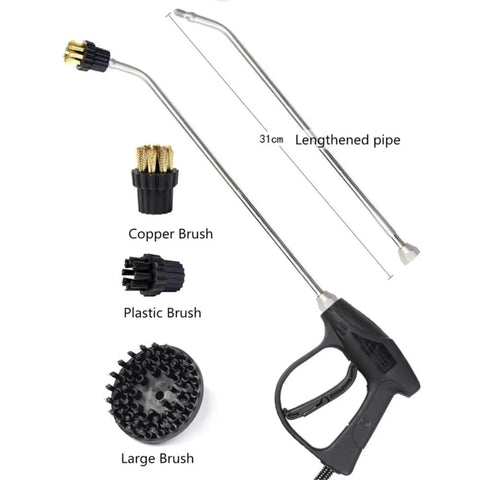 Massive 3200W High Pressure Steam Cleaner tool attachments, copper and plastic brushes, and extended pipe for efficient cleaning.