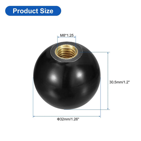 Heavy Duty M8 Female Threaded Ball Knob With Copper Insert, 32mm Dia 1.25 Pitch Thermoset Ball Handle, black phenolic resin