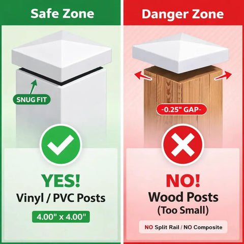 Snug As A Bug 4X4 Vinyl Fence Post Caps Set Of Six White Design Safe vs Danger Zone infographic for post compatibility.