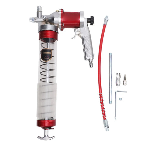 Heavy Duty Grease Gun With High Pressure 10,000 To 12,000 PSI Leak Proof Design G1/4 Inch Quick Connector Built For Industrial And Agricultural Equipment Three Grease Loading Methods Rugged Grip For Tough Jobs, showing clear tube and accessories.