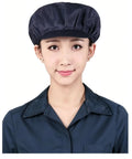Legit 5 Pack Anti Static Mesh Work Hat With Solid Front Rim And Easy Stretch Band Pull On ESD Cap Unisex Style in navy worn by a model.
