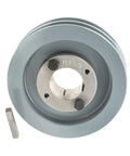 Beefy Cast Iron Five Inch Dual Groove Pulley For A Section 4L Belts With One Three Eighths Inch Bushing Gray Solid Steel