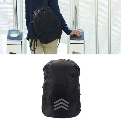 Oxford Cloth Backpack Rain Cover With Reflective Trim for outdoor adventures, shown protecting a black backpack