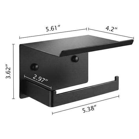 Rock Solid Matte Black Toilet Paper Holder With Storage Shelf Wall Mount For Bathrooms Fits Mega Rolls Rust Proof design with dimensions.