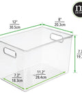 Deep Plastic Storage Bin With Built In Handles For Cube Shelving In Office, Closet, Cabinet, Bedroom, Bathroom, Nursery Or Dorm Clear 4 Pack, dimensions labeled.