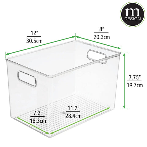 Deep Plastic Storage Bin With Built In Handles For Cube Shelving In Office, Closet, Cabinet, Bedroom, Bathroom, Nursery Or Dorm Clear 4 Pack, dimensions labeled.