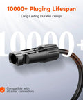Close-up of Y Branch MC4 Parallel Connector Kit For Solar Panels, 1M2F And 2M1F Pairs, labeled for 10000+ plugging lifespan.