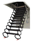Electric Ceiling Loft Ladder With Heavy Duty Alloy Steel Frame Smooth Telescoping Shape Comes With Remote Control showing black collapsible rungs.