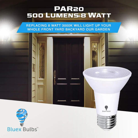Eight Watt Equivalent PAR20 Outdoor LED Flood Light Bulbs Pack, 800 Lumens, displayed in front of an illuminated porch