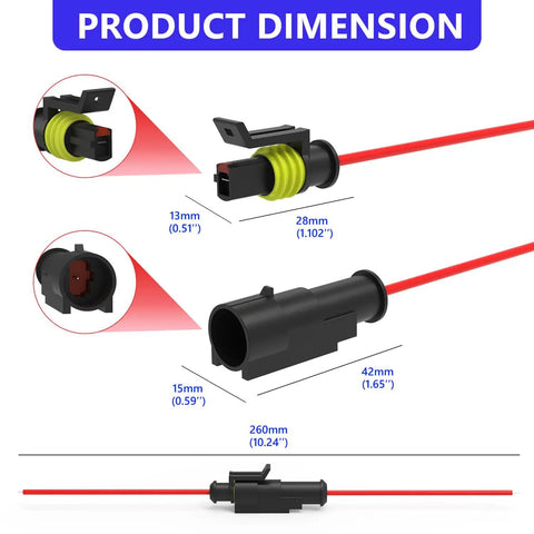 Product dimension view of Top Tier Edinstry Weather Pack Connectors 1 Pin Waterproof Automotive Kit, IP68 Rated 16AWG Male Female Terminals For Car Truck Boat Garage Wiring Projects That Rock. 13mm x 28mm connector, 260mm lead