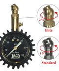 Front view of JACO Elite Tire Pressure Gauge with brass body, black dial, 0–60 psi scale