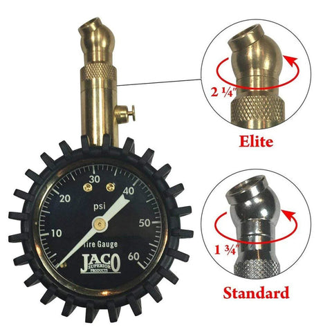 Front view of JACO Elite Tire Pressure Gauge with brass body, black dial, 0–60 psi scale