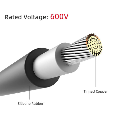 Cross-section of 10 AWG SAE Solar Panel Extension Cable With 2 Polarity Reversed Adapters, showing tinned copper wires, rated 600V.