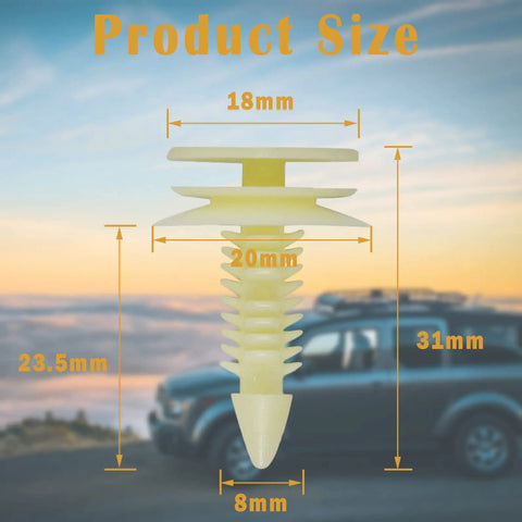 Tough As Nails 30 Pcs Beige Nylon Door Trim Panel Retainer Clips showcasing size dimensions 18mm, 20mm, 23.5mm, 31mm, 8mm.