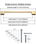 Diagram showing dimensions of Six Pack Light Brushed Brass Cabinet Pulls Two Center To Center Lengths 7.5 Inches And 8.8 Inches Zinc Alloy Drawer Handles Kitchen Cabinet Hardware With M4 Screws For Easy Install.