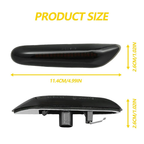 BMW Lit Sequential LED Side Marker Turn Signal Lights dimensions, side and front views, 11.4cm by 2.6cm