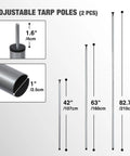 Adjustable tarp poles shown in three different heights: 42 inches, 63 inches, and 82.7 inches with close-up on joints and tips.