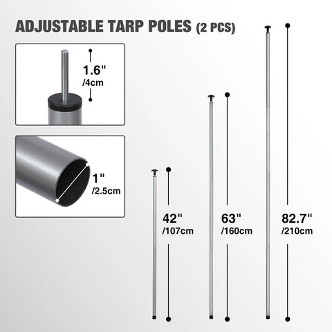 Adjustable tarp poles shown in three different heights: 42 inches, 63 inches, and 82.7 inches with close-up on joints and tips.