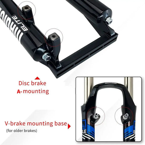 Close-up of 26 Inch Mountain Bike Suspension Fork With 100mm Travel For Disc And V Brakes, 1 1/8 Inch Straight Steerer, black finish.