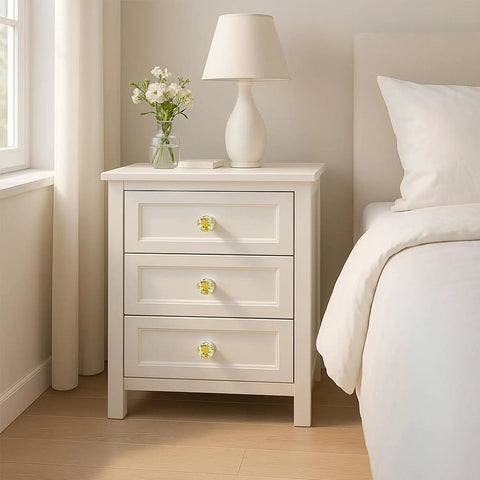 Crystal Cabinet Knobs 30mm Diamond Drawer Pulls Set Of 26 With Gold Base on white bedside table