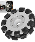 Front view of ZAWELIYO 127mm double aluminum omni wheel with black rollers for robot replacement parts; inset shows motor and control electronics.