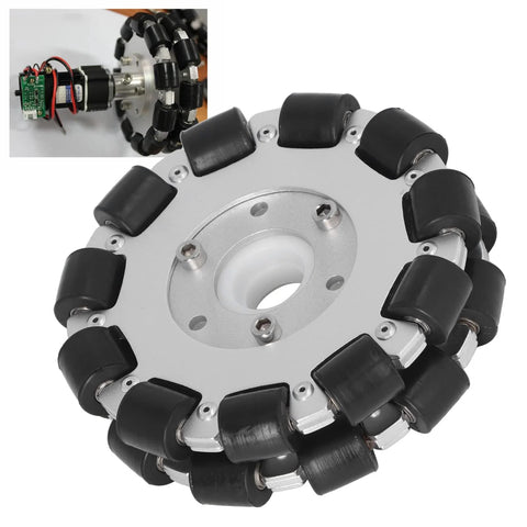 Front view of ZAWELIYO 127mm double aluminum omni wheel with black rollers for robot replacement parts; inset shows motor and control electronics.