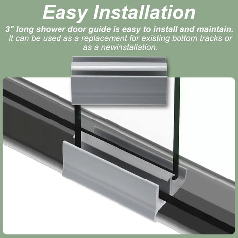 Gray Shower Door Bottom Track Two Pack, Single-Sided Channel With Widths Half Inch And Three-Eighths Inch, Fits Glass Door Thickness Seven Sixteenths Inch And Five Sixteenths Inch, Durable PVC For Secure Fit And Smooth Operation, shown installed as a guide for sliding glass doors.