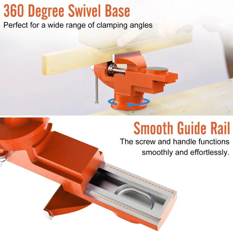Beastly Table Vise With 3 Inch Jaw Opening And 360 Degree Swivel Base Bench Clamp showing swivel and guide rail features.