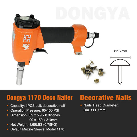 1170 Pneumatic Decorative Nailer For Upholstery Tacks And Furniture Finishing shown with nails, lightweight orange design