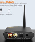 Bluetooth 5.3 Receiver For Home Stereo With LDAC And Built In DAC, rear view showing RCA and optical outputs, long range streaming.