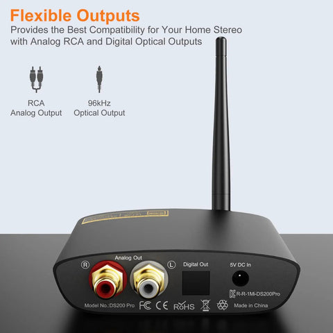 Bluetooth 5.3 Receiver For Home Stereo With LDAC And Built In DAC, rear view showing RCA and optical outputs, long range streaming.