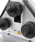 Close-up of Kaka Industrial Heavy Duty Hydraulic Roll Bending Machine, 3-roll setup for bending flat bars and pipes.