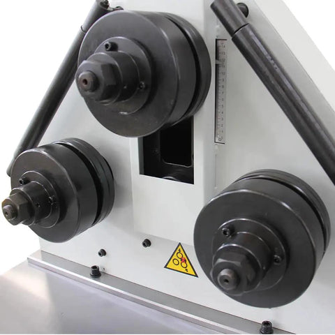 Close-up of Kaka Industrial Heavy Duty Hydraulic Roll Bending Machine, 3-roll setup for bending flat bars and pipes.